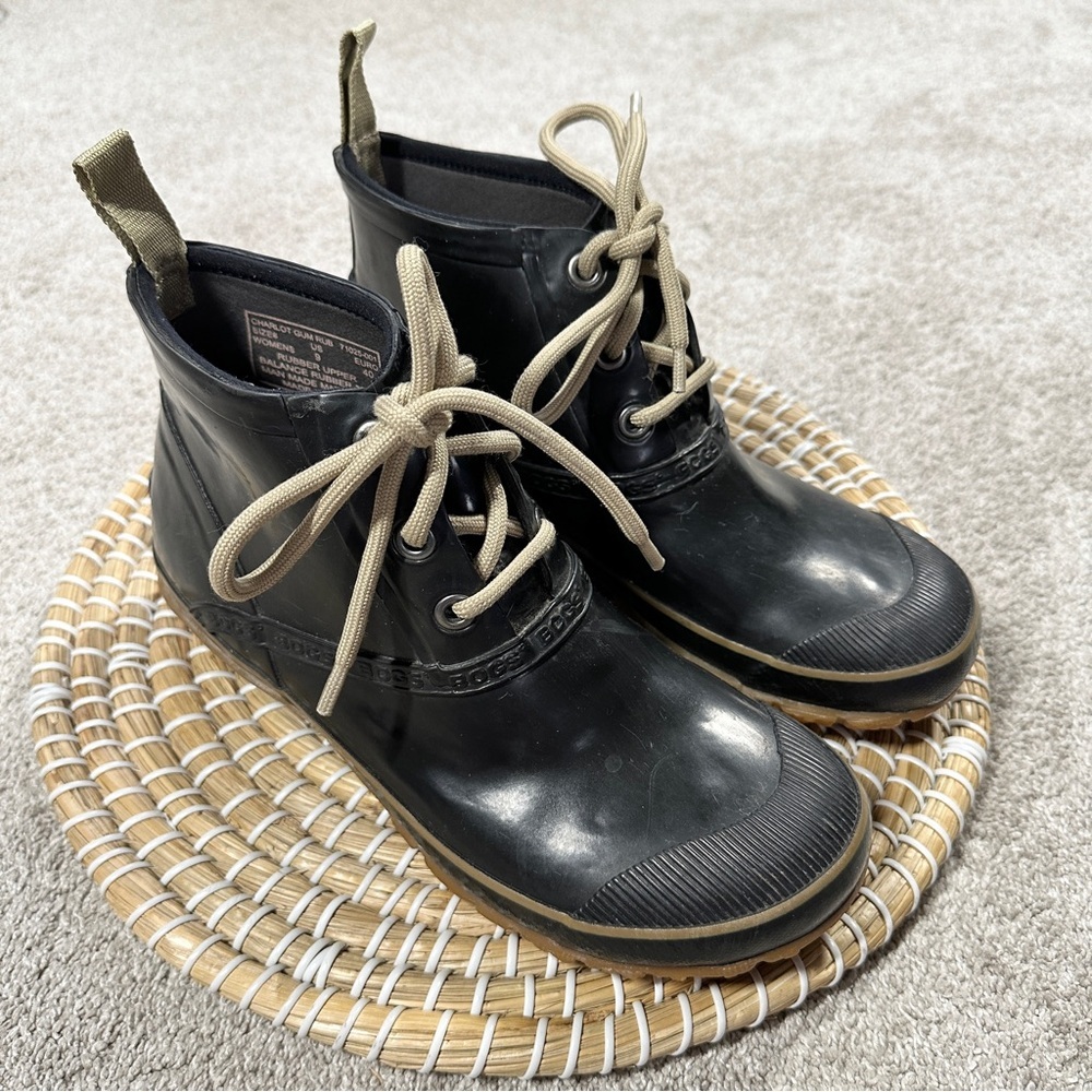 Bogs Black Rain Boots with Tan Laces
